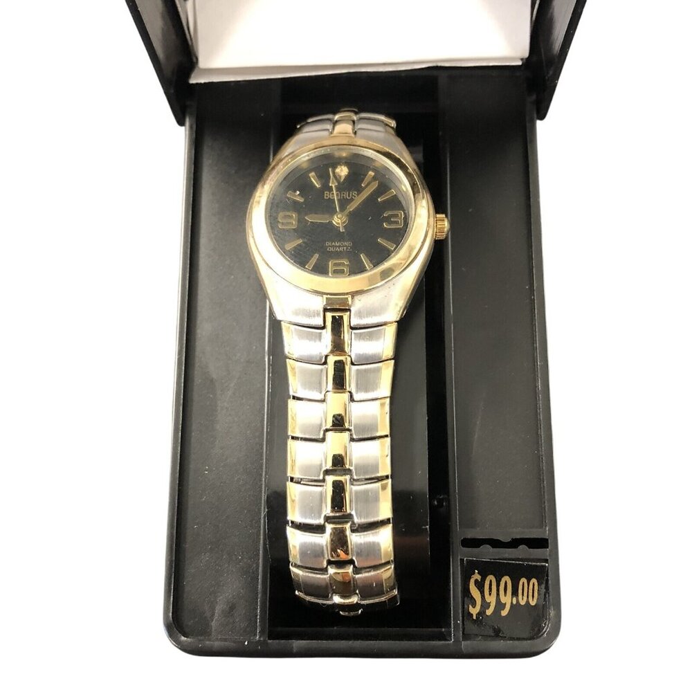 benrus diamond quartz watch pm428L Wrist Watch Stainless Steel Back gold silver - Picture 2 of 4